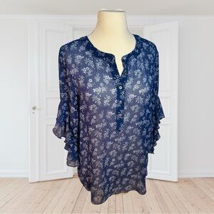 Vince Camuto Blue and White Ruffled Bell Sleeve Blouse